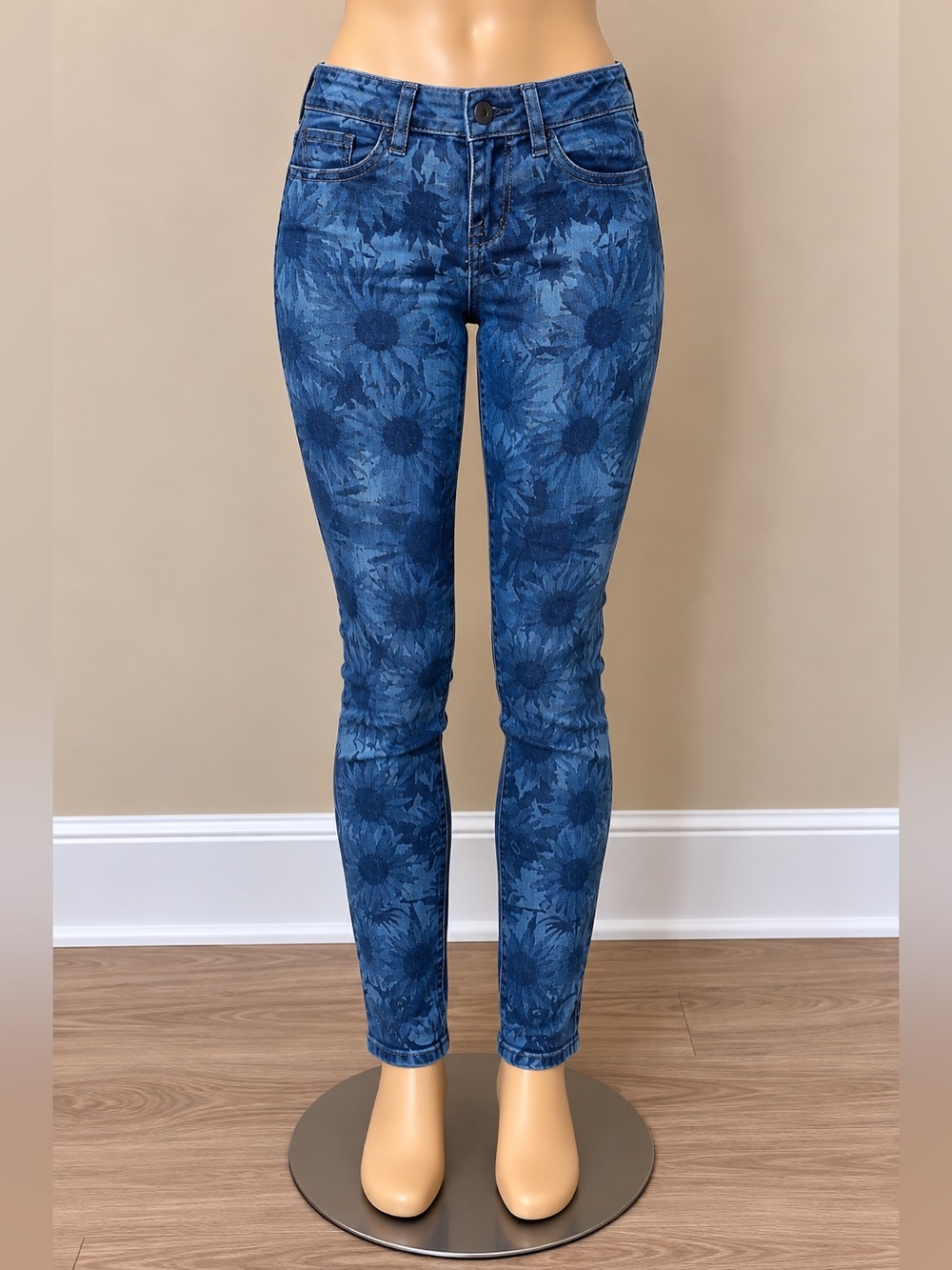 GUESS Brittney Sunflower Floral Skinny Jeans Size 25 Mid Rise Blue Stretch